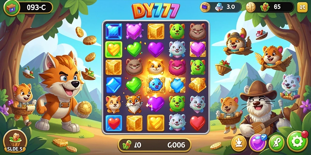 Tangkapan layar DY777 menunjukkan gameplay seru mencocokkan item dalam kategori Match-3.