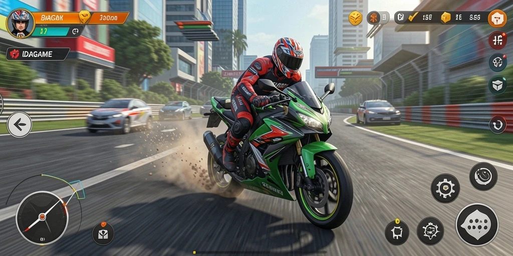 Screenshot gameplay IDAGAME yang menampilkan aksi balapan motor yang mendebarkan.