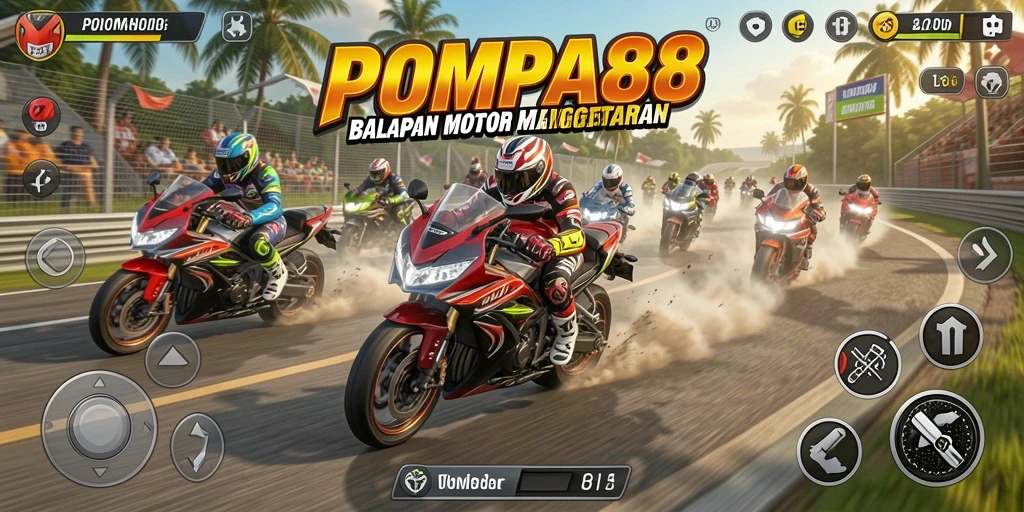 Menampilkan gameplay seru POMPA88 saat balapan motor di lintasan.