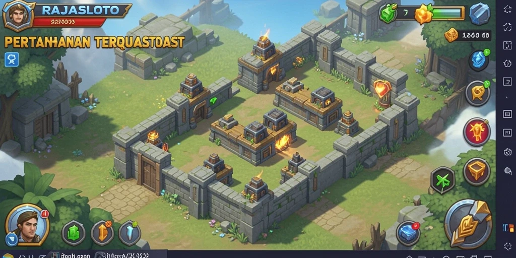Screenshot utama menunjukkan gameplay menegangkan dalam RAJASLOTO Tower Defense.