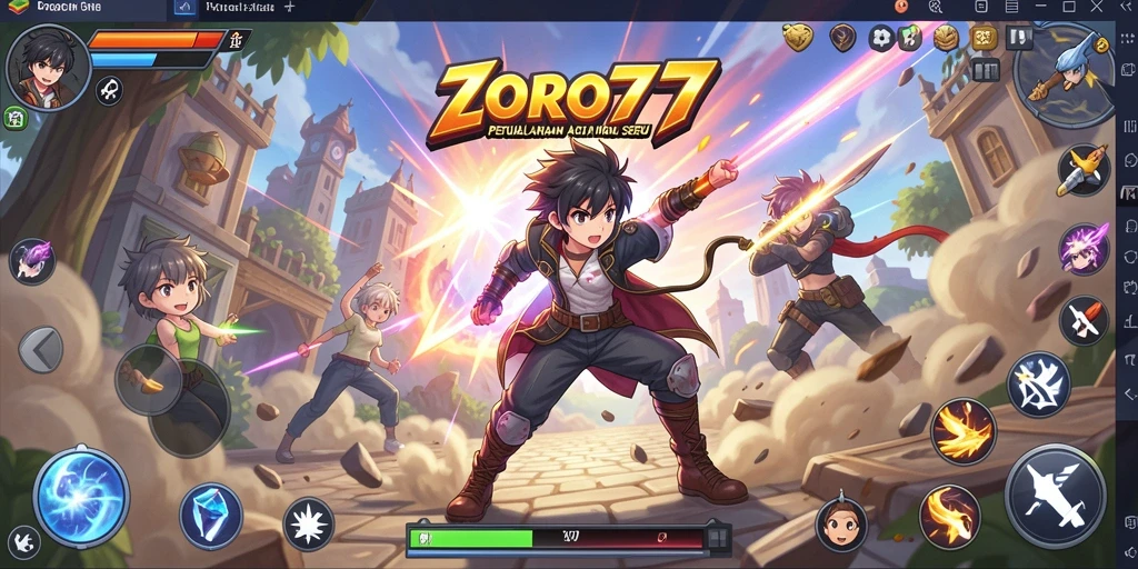 Gameplay ZORO77 yang penuh warna dan karakter anime ikonik.